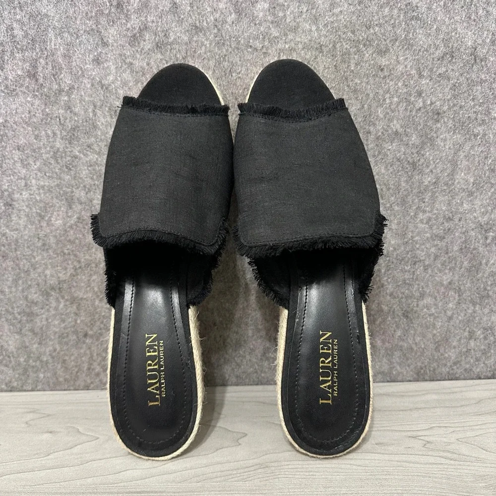 Lauren Ralph Lauren Carlynda Espadrille Wedge Women 11 Blk Linen Frayed Sandals